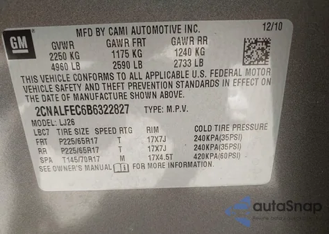 2011 Chevrolet Equinox z USA, uszkodzony, nr VIN 2CNALEC6B6322827
